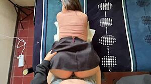 amateur schoolgirl bends over in skirt for doggystyle blowjob and ass fuck