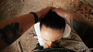 Long-haired teen 18+ gets facefucked hard in eerie abandoned building spot