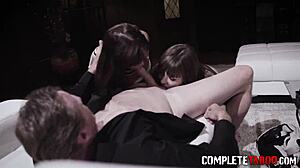 teen and milf dive into intense taboo threesome blowjob action