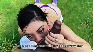 Horny milf gives delicious outdoor blowjob in cowgirl