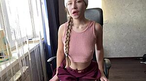 Dildo in tight pussy triggers sweet squirt orgasm