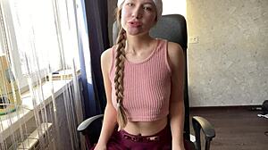 Dildo in tight pussy triggers sweet squirt orgasm