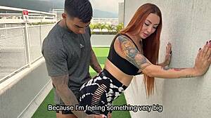 Muscular coach slams blonde student with big tits in outdoor workout.