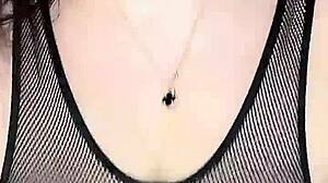 In stockings on the body mesh fucks huge natural tits from above