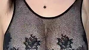 In stockings on the body mesh fucks huge natural tits from above