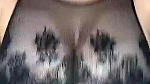 In stockings on the body mesh fucks huge natural tits from above