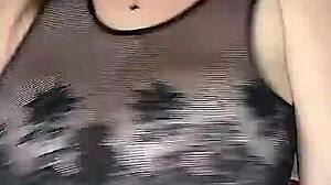 In stockings on the body mesh fucks huge natural tits from above