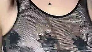 In stockings on the body mesh fucks huge natural tits from above