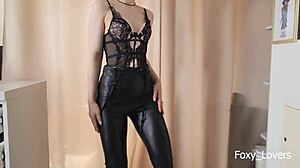 Sexy Housewife's Epic Cum on Leather Pants