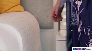 Busty asian girl gets her pussy licked and strapon fucked by her girlfriend on tape