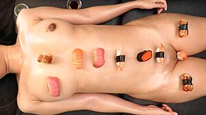 Japanese Sushi Girl Teases with Shaved Amateur Charm in Homemade Clip.