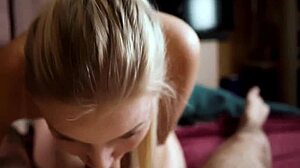 young babe gives dirty deepthroat blowjob without hands swallowing cum in mouth on bed