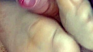 Homemade sensual footjob with tan stockings turns into teasing fun