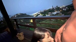 Fucking the beautiful latina teen on the balcony outdoors, not caring who sees