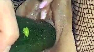 Latina milf shoves cucumber deep for wild squirting pleasure.