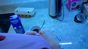 Sexy Alice Blows Boyfriend's Huge Cock in Kitchen