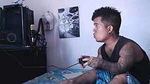 Horny stepsister playing with my dick while I game!
