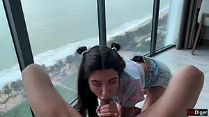 She challenged him to score 10 hoops for a wild creampie. Their quickie doggystyle ended with cum inside.