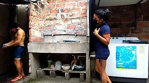 Horny neighbor enters bathroom, fucks me, squirts and cums