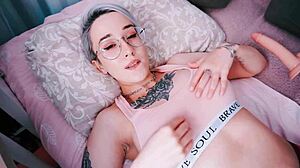Teen with short hair and tattoo gets titty fucked by machine