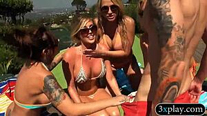 Four spicy hot women shared a hard man meat outdoors