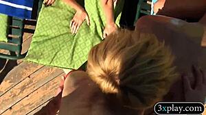 Four spicy hot women shared a hard man meat outdoors