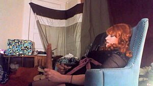 Sexy red headed tranny ms head swallows her 8 vibrating dildo