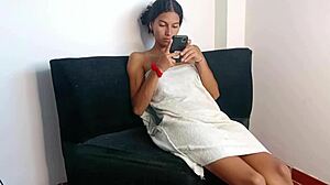 Skinny girl rides my cock while I finger her tight pussy.