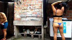 Horny neighbor enters bathroom, fucks me, squirts and cums