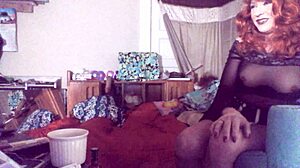 Sexy red headed tranny ms head swallows her 8 vibrating dildo