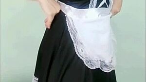 Young Japanese maid plays with dildo in storage room secretly.