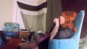 Sexy red headed tranny ms head swallows her 8 vibrating dildo