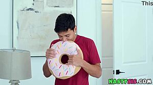 nasty stepsis masturbating with a stuffed donut