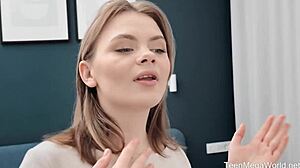 Playful cutie Lesya Milk undresses, revealing shaved pussy for fingering masturbation.