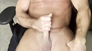 Muscular bodybuilder shoots four cum loads daily