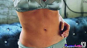 Mischievous blonde diva hunter mccloud taking off her sexy satin lingerie