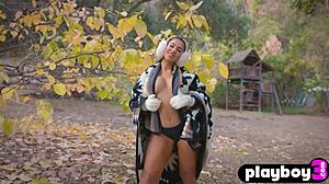 attractive big tits babe does sexy striptease, exposing amazing body outdoors