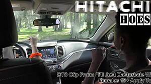 Teen Rina Arem Masturbates with Hitachi Wand in Car Backstage