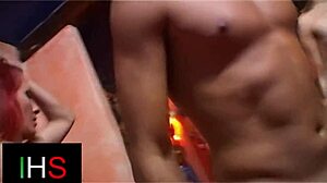 In this fantastic threesome, brunette and redhead ride cock cowgirl, licking shaved pussy with cunilingus.