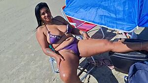 showing my wife's hairy pussy on the beach and street for everyone to see?