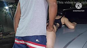 Naughty wife gets fucked in the backyard on the car and drips cum everywhere