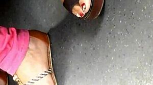 Mature Feet Candid In Wedges Sandals