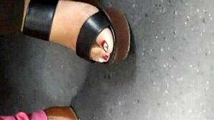 Mature Feet Candid In Wedges Sandals