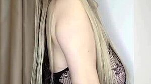 Milf with big natural tits in transparent clothes caresses herself