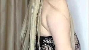 Milf with big natural tits in transparent clothes caresses herself