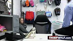 Horny milf thief Carmen Valentina stripped naked, wet pussy checked by security guard's thick cock