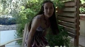 Tiny petite teen tabby masturbates with dildo outdoors, licking to orgasm