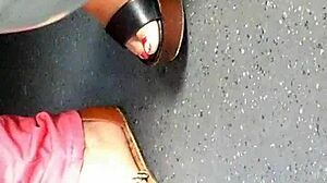 Mature Feet Candid In Wedges Sandals