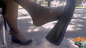 Want to see candid shoeplay with nylon stockings and flats?