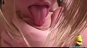 Pigtailed brunette playing with her big tits